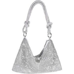 Women's Silver Sparkly Evening Rhinestone Crossbody Clutch Party Wedding Handbag